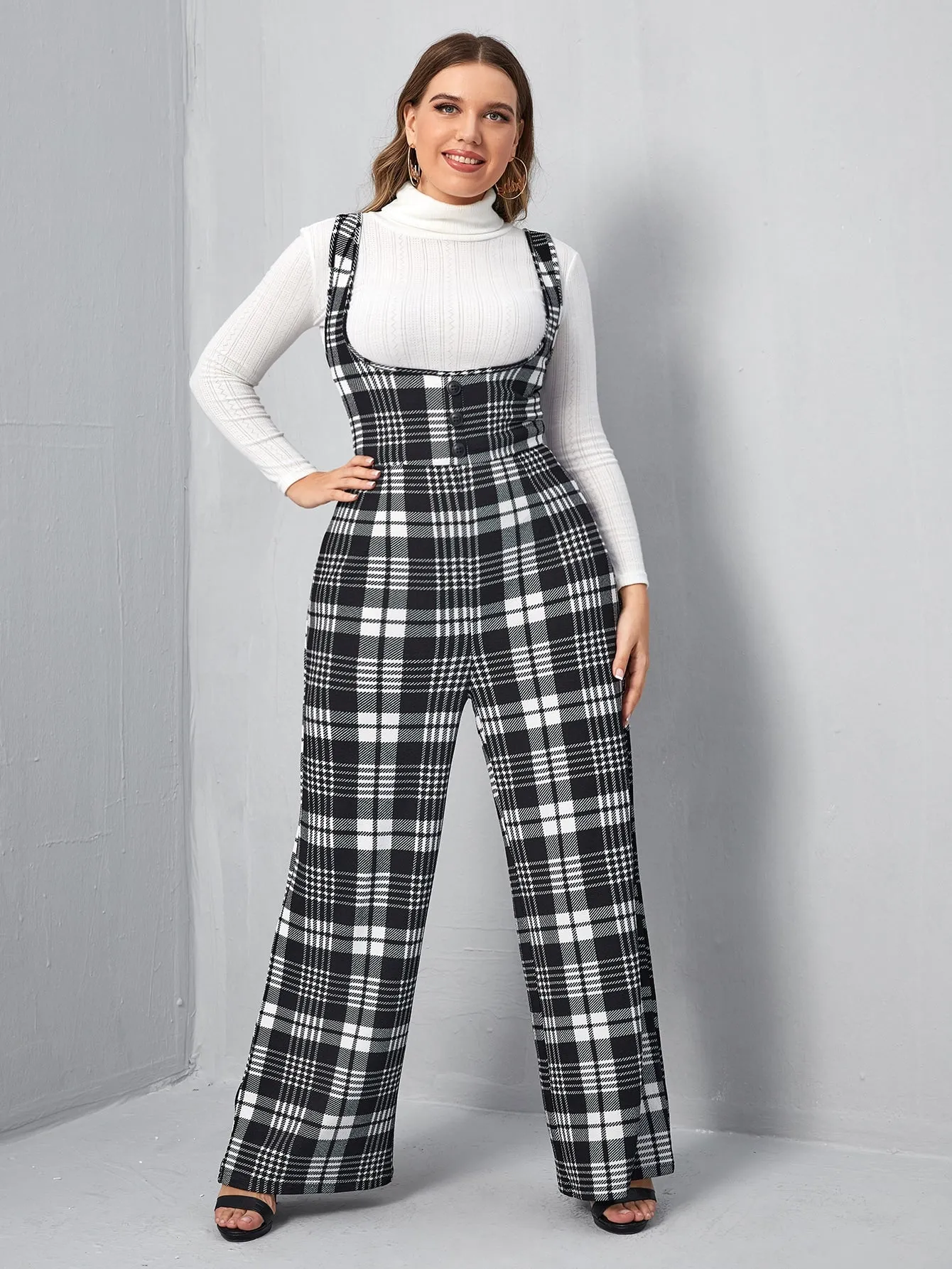 Plus Button Front Plaid Pinafore Jumpsuit Without Top