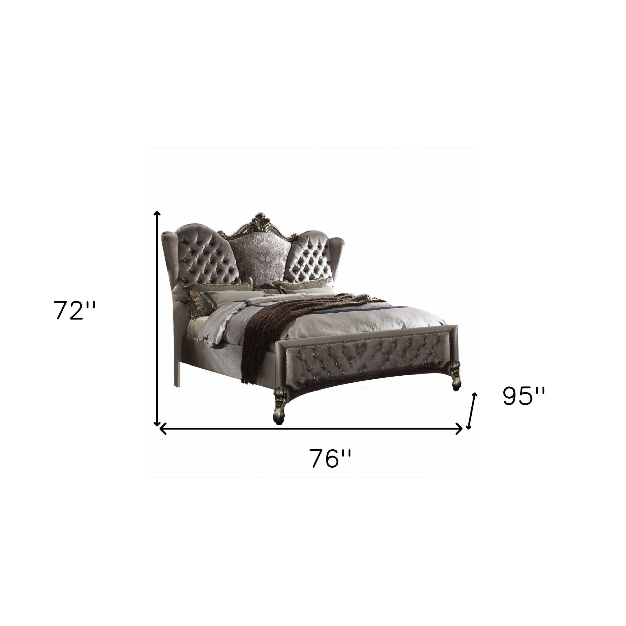 Queen Tufted Gray And Gray and Black Upholstered Velvet Bed With Nailhead Trim