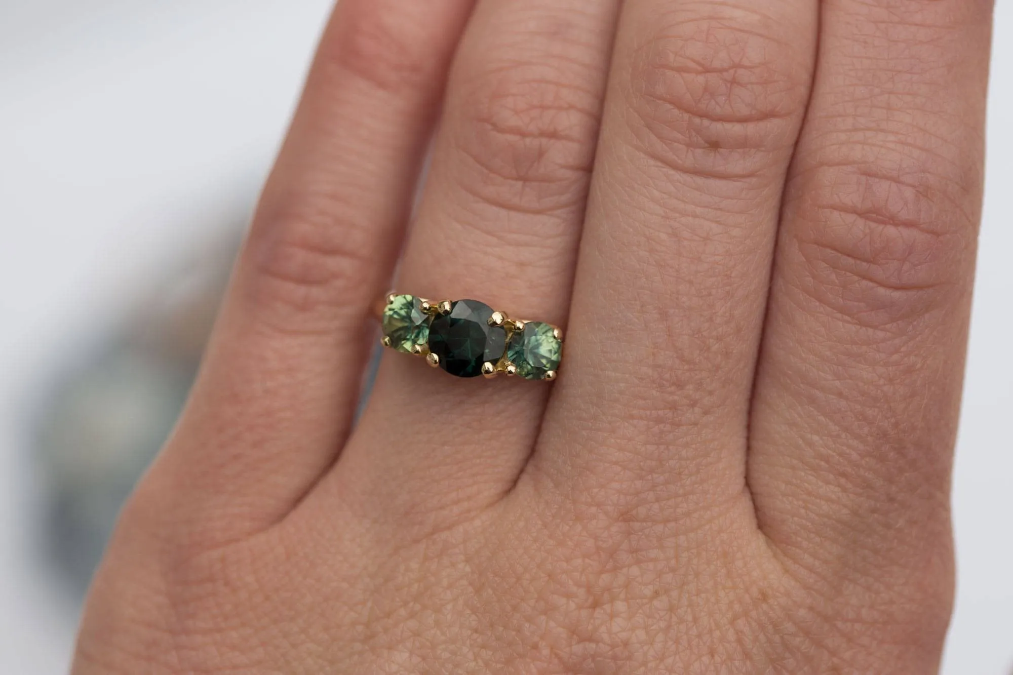 Rare Three Stone Blue Green Sapphire Engagement Ring - Mermaid Bi Color Sapphire Ring in Yellow Gold-  Unique Engagement Ring by Anueva