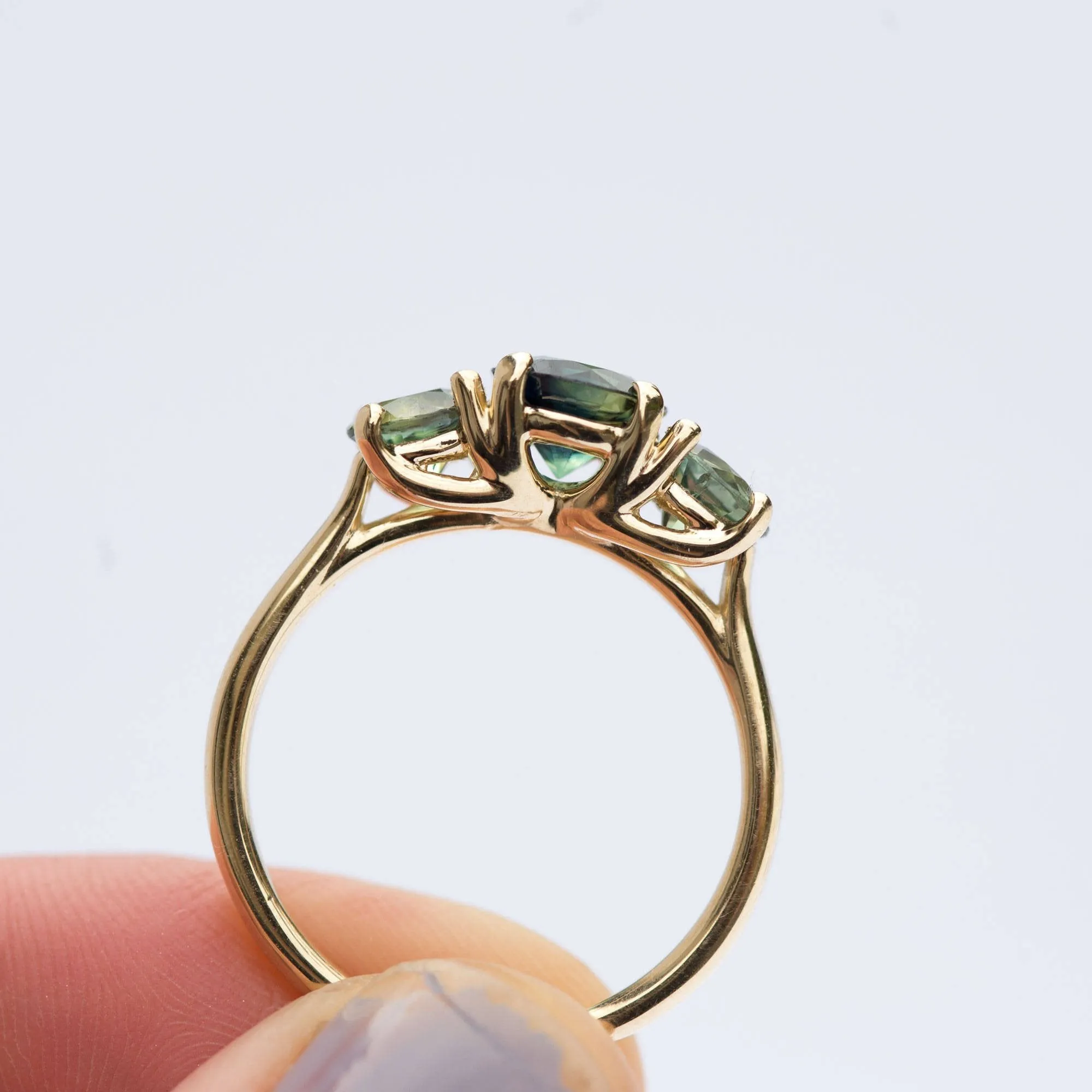 Rare Three Stone Blue Green Sapphire Engagement Ring - Mermaid Bi Color Sapphire Ring in Yellow Gold-  Unique Engagement Ring by Anueva