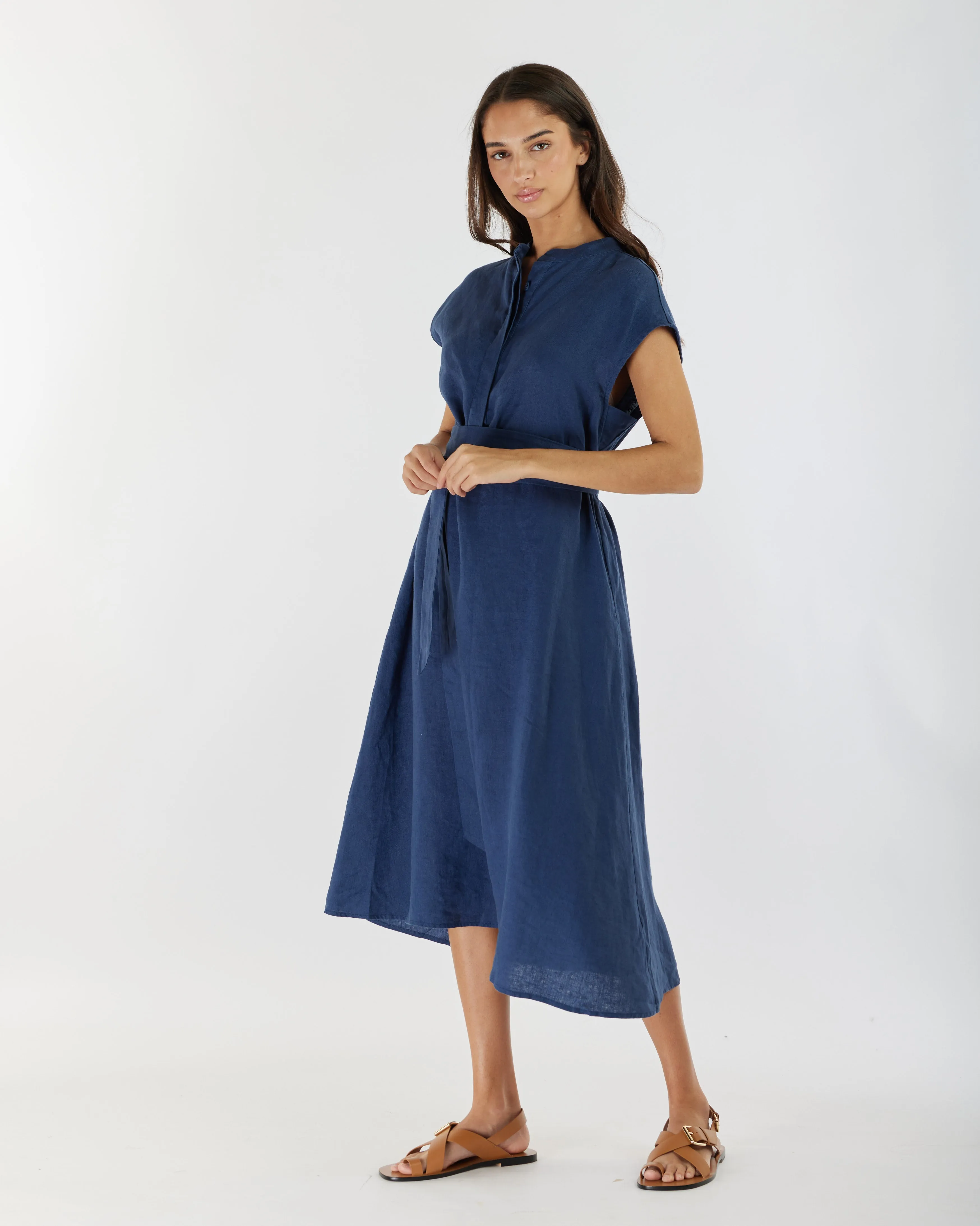 Renee Linen Midi Dress - Navy