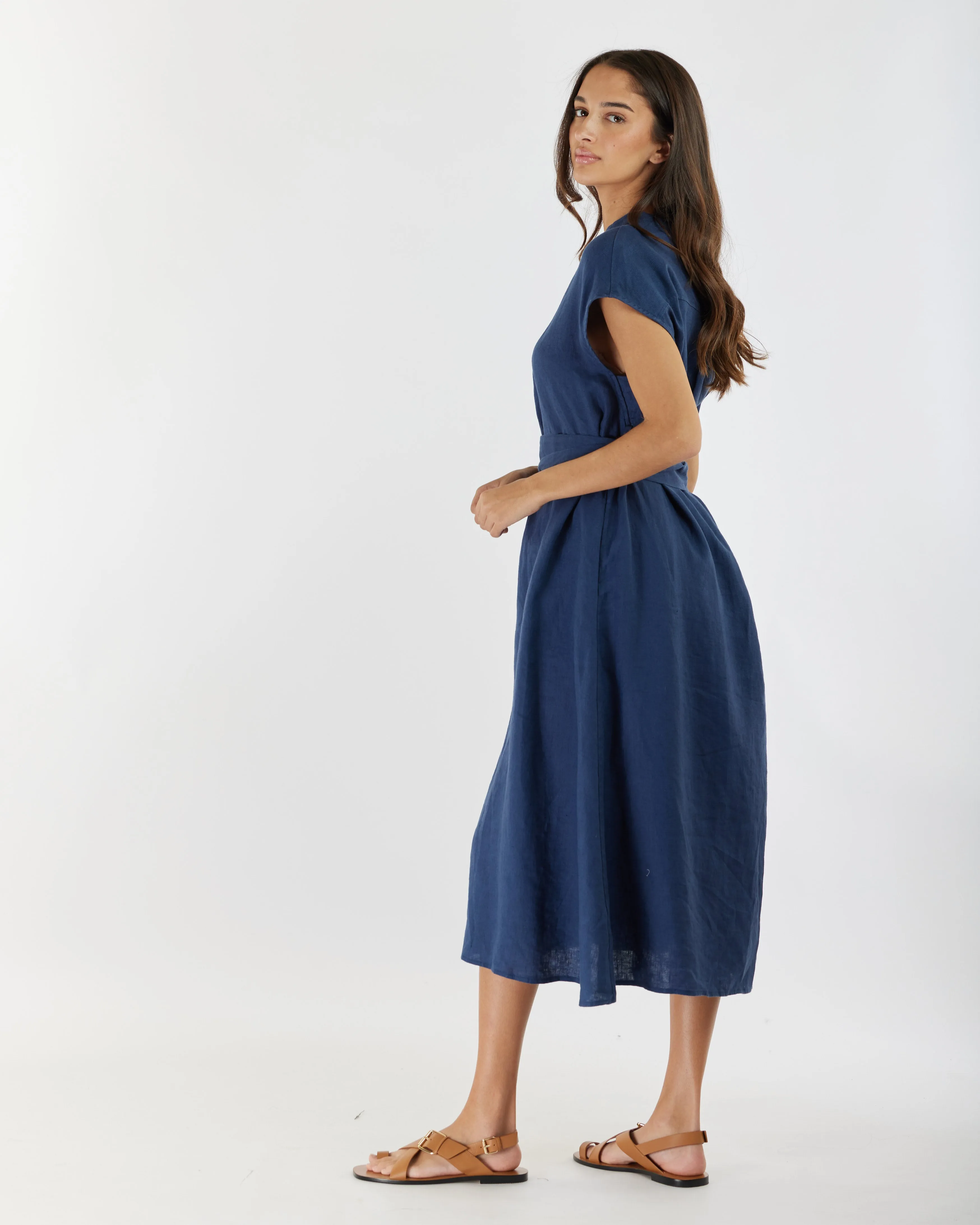 Renee Linen Midi Dress - Navy