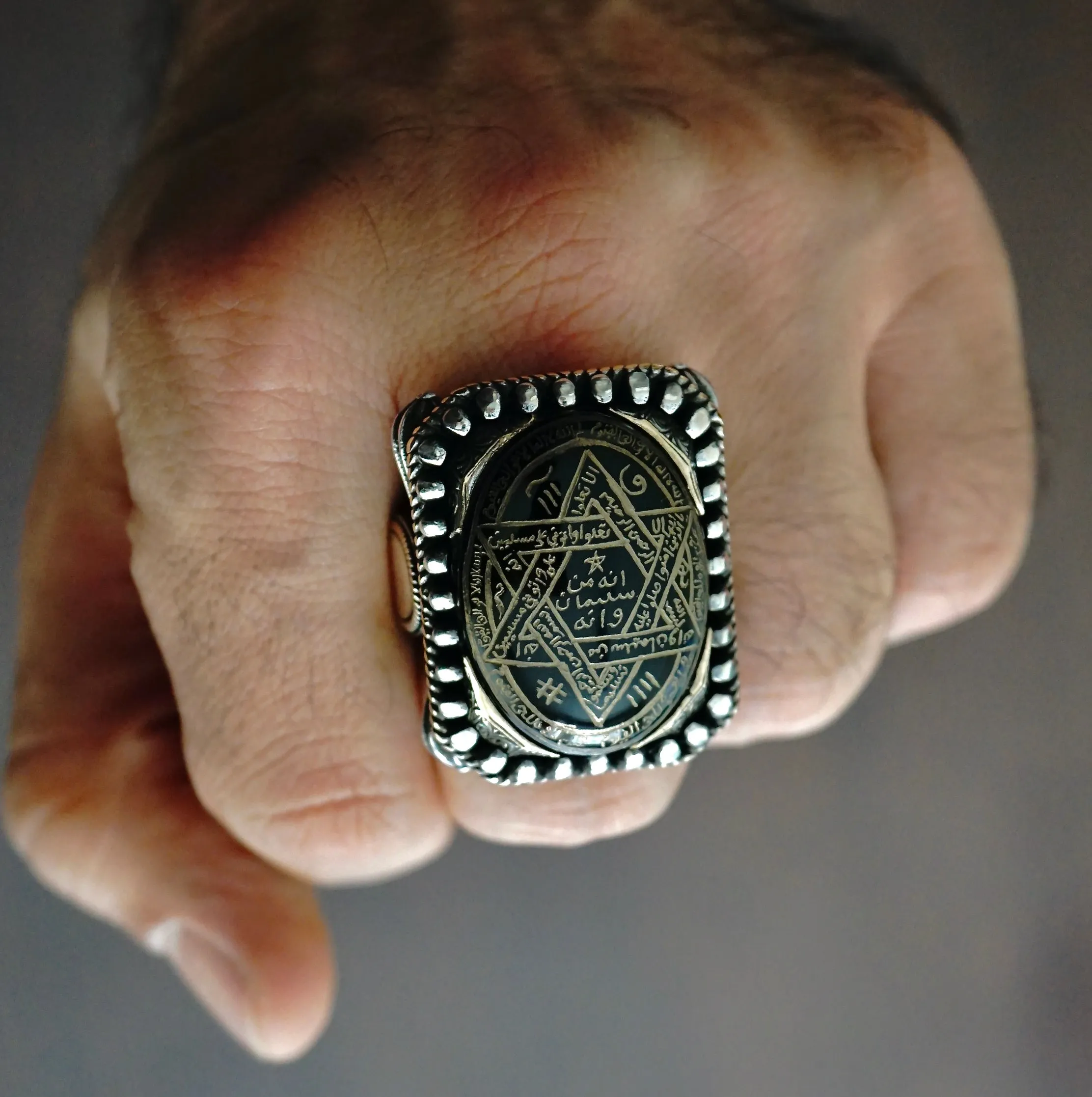 Ring Seal of Solomon Hand-engraved Onyx 925 Sterling Silver natural black gemstone Unique Islamic Talisman Amulet