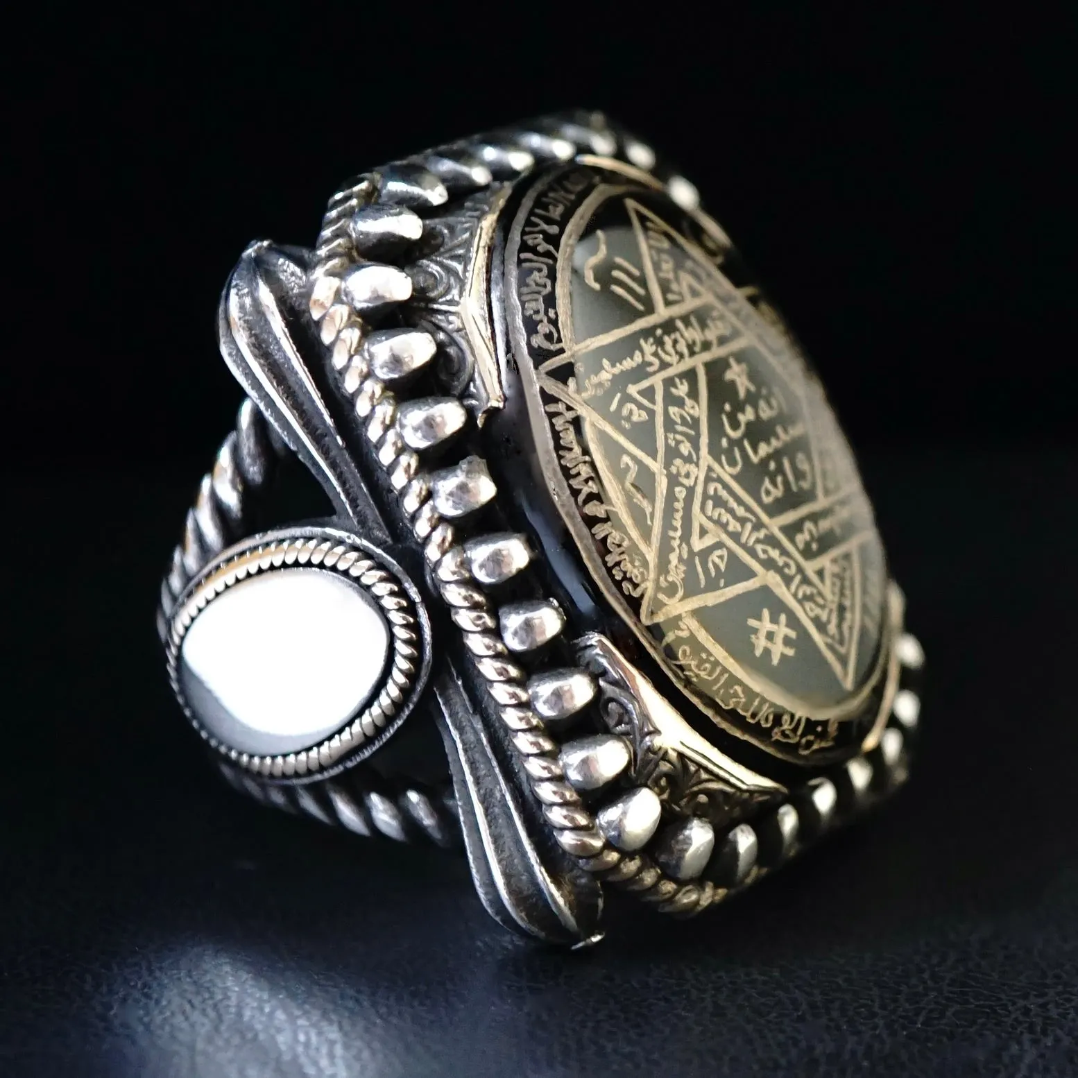 Ring Seal of Solomon Hand-engraved Onyx 925 Sterling Silver natural black gemstone Unique Islamic Talisman Amulet