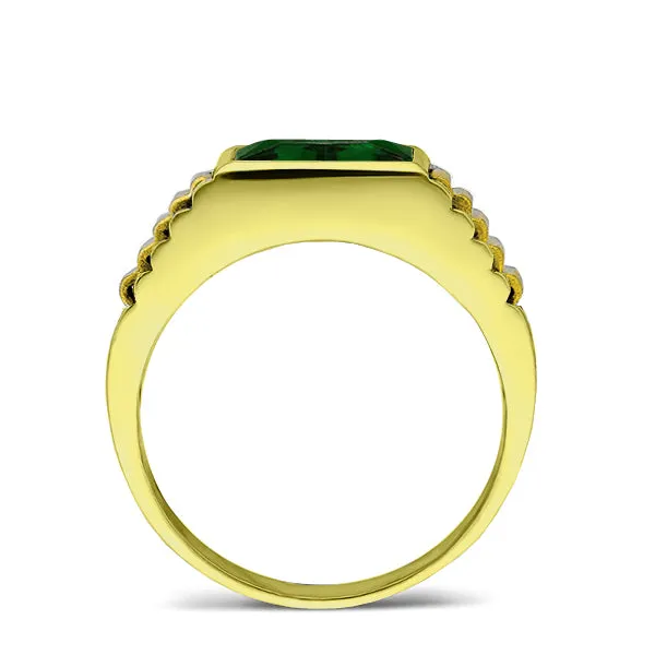 Solid 18K Mens Yellow Gold Band Ring with Green Emerald Gemstone