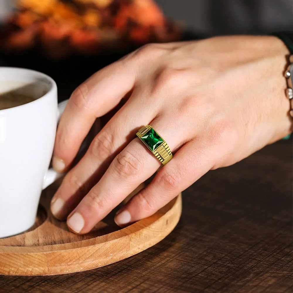 Solid 18K Mens Yellow Gold Band Ring with Green Emerald Gemstone