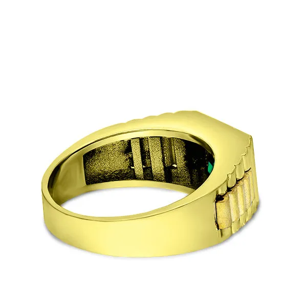 Solid 18K Mens Yellow Gold Band Ring with Green Emerald Gemstone