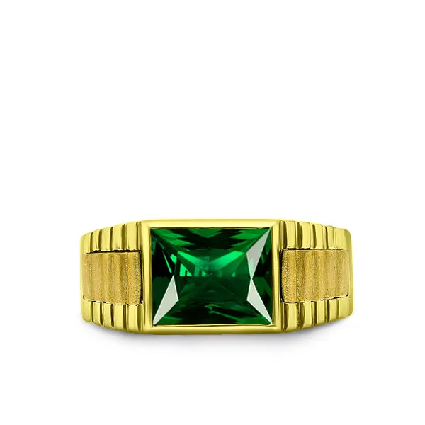 Solid 18K Mens Yellow Gold Band Ring with Green Emerald Gemstone