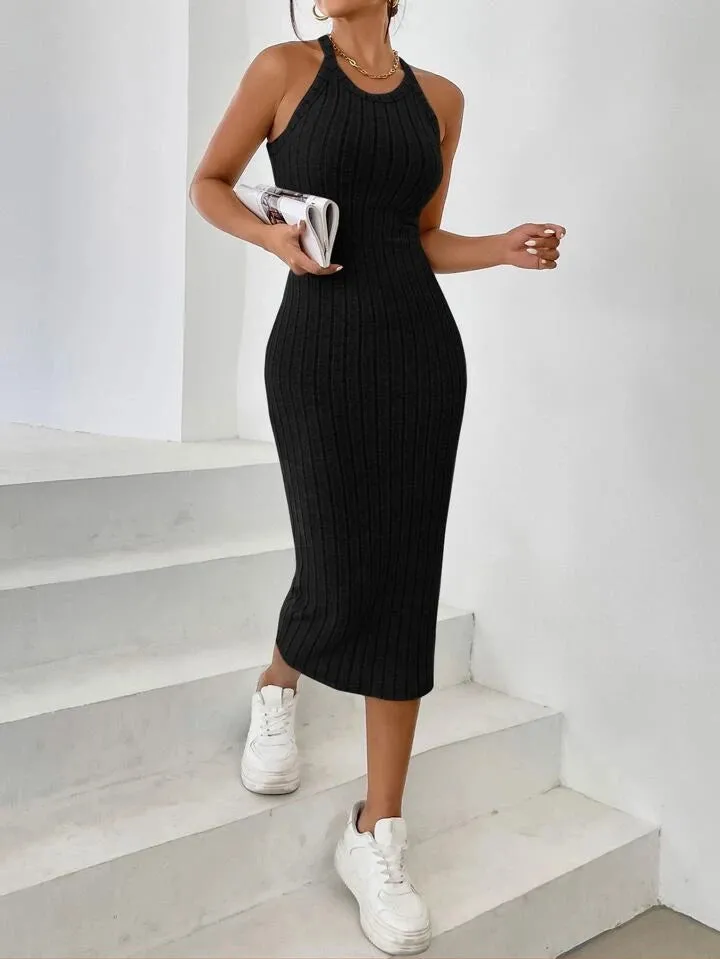 Solid halter neck bodycon dress in black