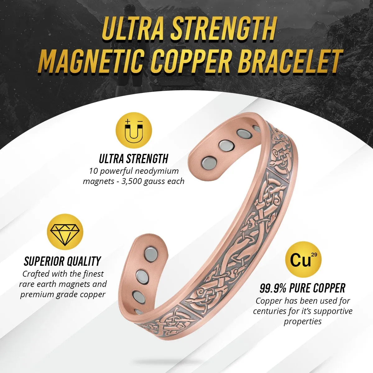 Stamped Viking Magnetic Copper Bracelet Cuff for Men