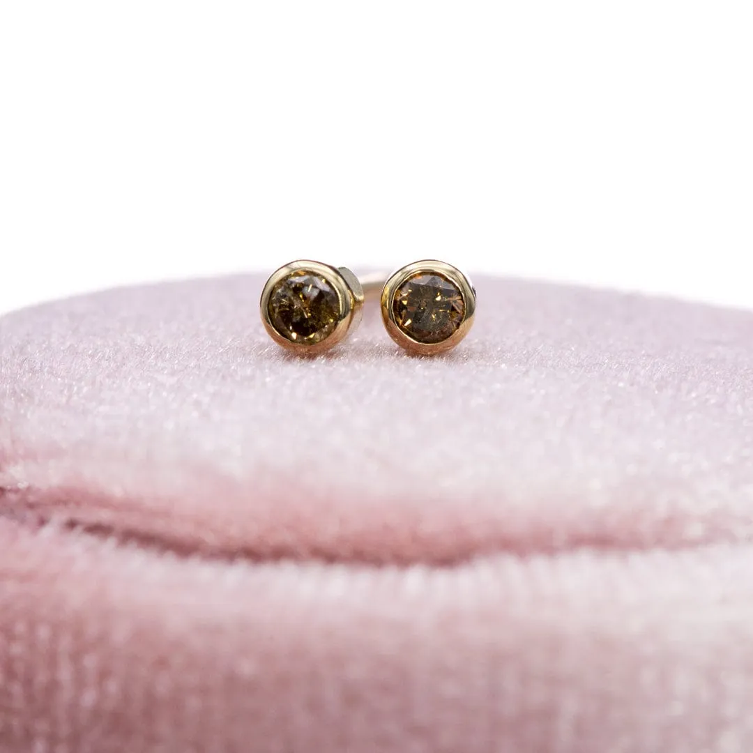 Tiny Cognac colored Diamond Bezel Set 14k Yellow Gold Stud Earrings, Ready to Ship