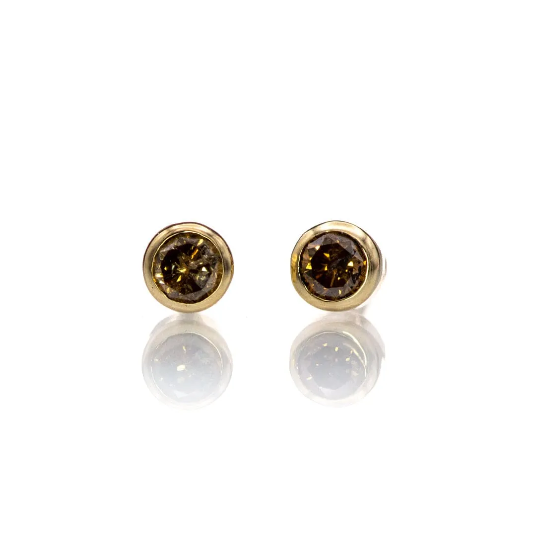 Tiny Cognac colored Diamond Bezel Set 14k Yellow Gold Stud Earrings, Ready to Ship