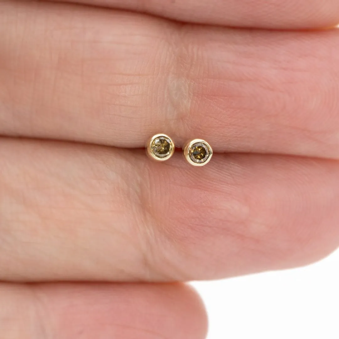 Tiny Cognac colored Diamond Bezel Set 14k Yellow Gold Stud Earrings, Ready to Ship