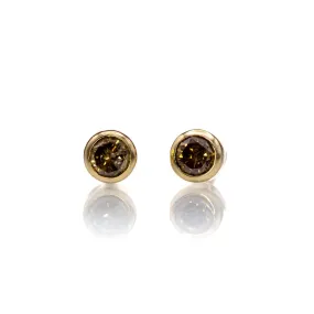 Tiny Cognac colored Diamond Bezel Set 14k Yellow Gold Stud Earrings, Ready to Ship