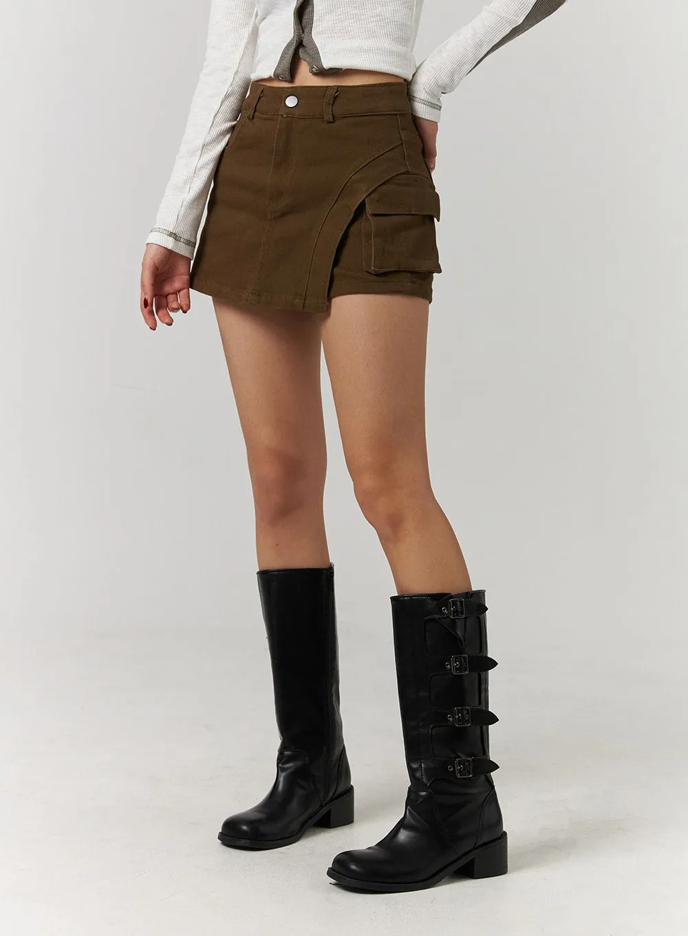 Unbalanced Solid High Waist Button Cargo Mini Skirt CD329