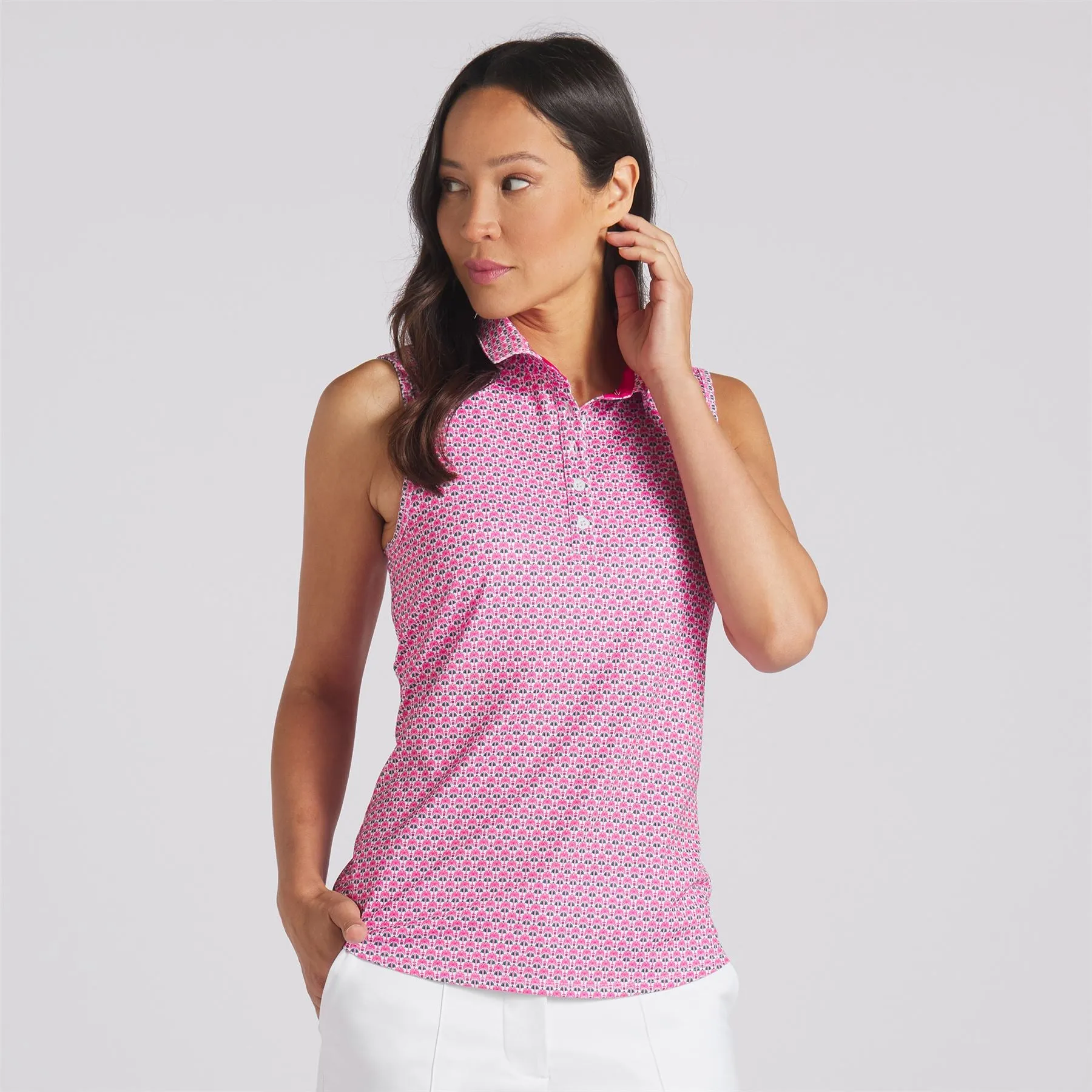 Womens MATTR Deco Sleeveless Polo White/Pink - SS24