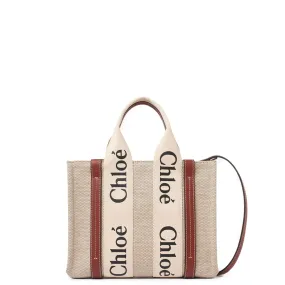 Woody Tote Small Strap Cotton, White/Brown