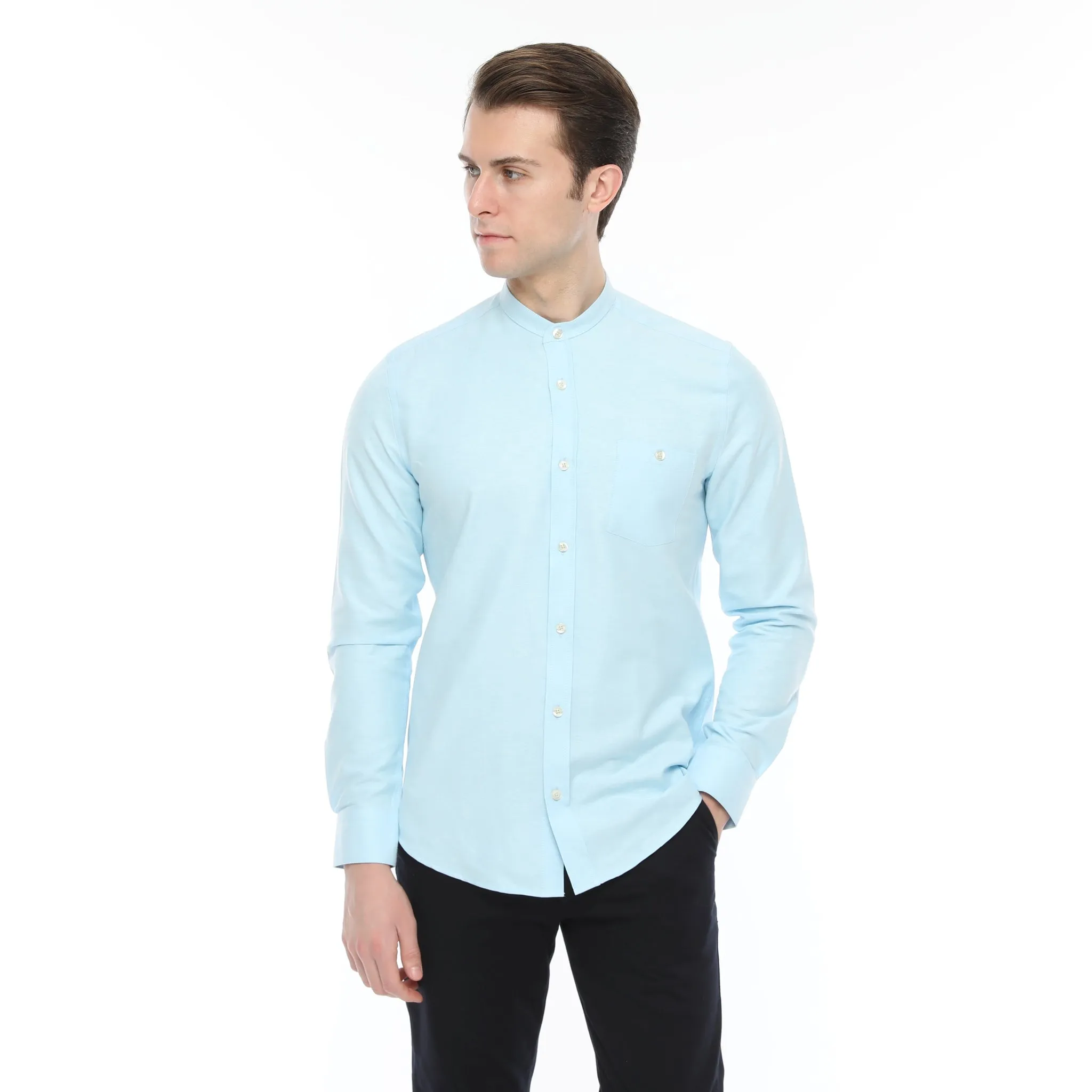 Xact Mens Grandad Collar Nehru Oxford Shirt 'Gustus' Long Sleeved - Slim Fit