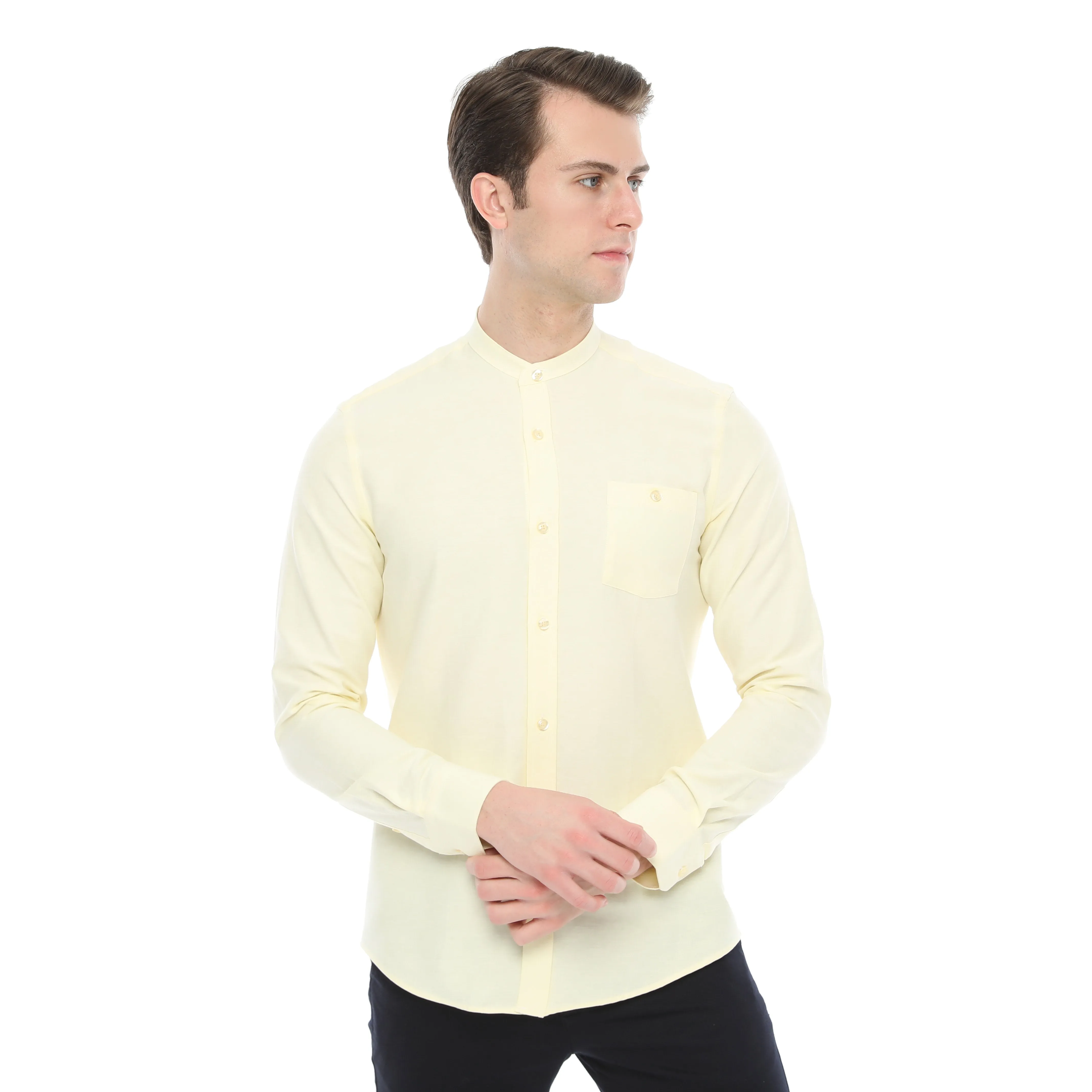 Xact Mens Grandad Collar Nehru Oxford Shirt 'Gustus' Long Sleeved - Slim Fit