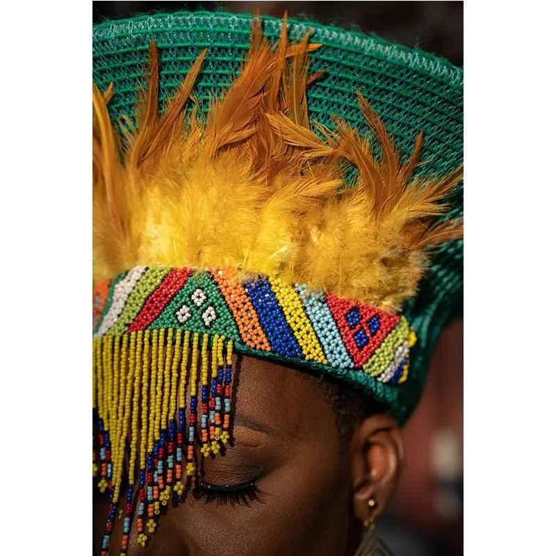 Zulu Wide Basket Hat with Beading & Feathers | Green